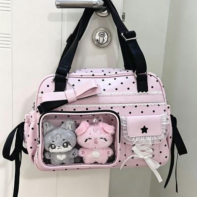Polka Dot Ita Bag With Lace Bow Decor Women Transparent Pocket Shoulder & Handheld Dual-use Bag Lolita Style Daily Commute Bag