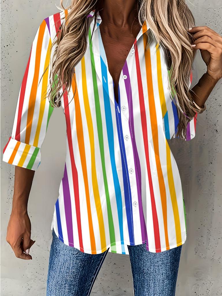 Plus size women's long-sleeved shirt colorful striped loose printed shirt colorful vertical stripes