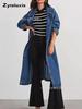 Langer Jeans-Windbreaker-Mantel für Damen mit Knopfverschluss für Herbst Winter