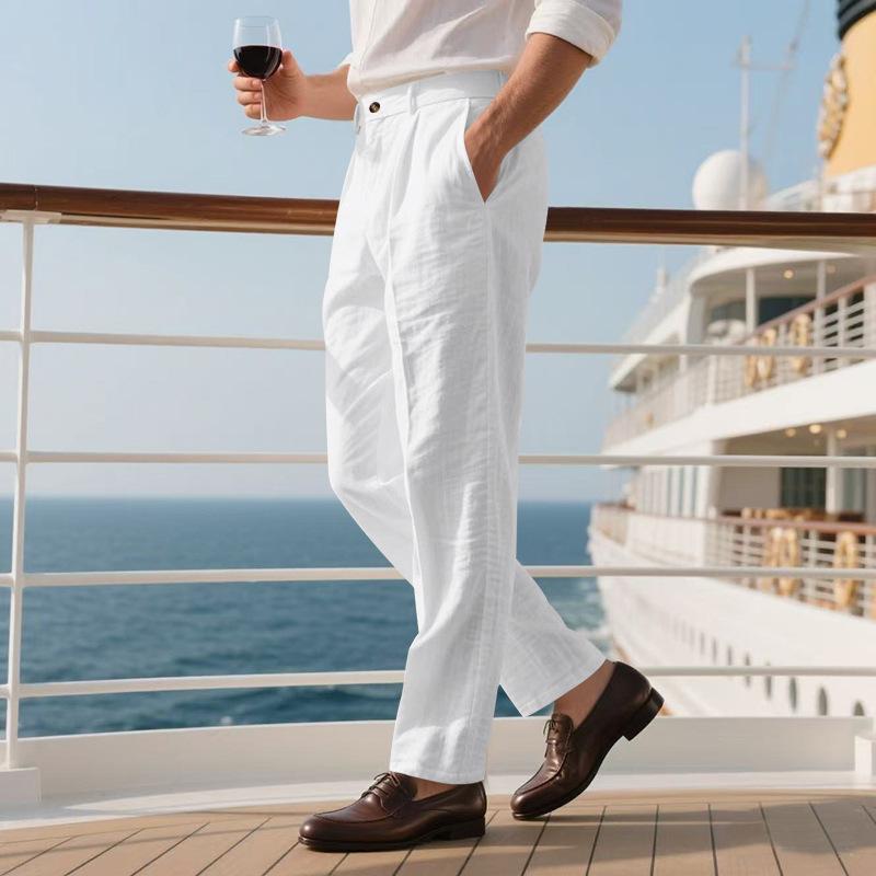 Pánské módní jednobarevné lněné pánské goulashové ležérní volné business kalhoty