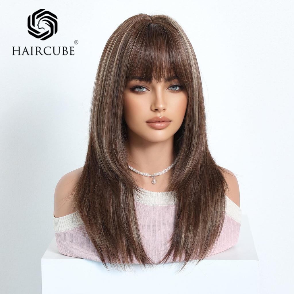 European Style Brown Medium Long Wig with Full Bangs for Women - High-Temperature Fiber