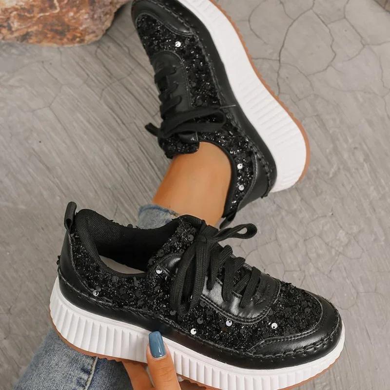 Fashion Rimocy Fashion Glitter Platform Sneakers Women Spring Lace Up Pink Sports Shoes Woman Plus Size 43 Thick Bottom Walking Shoes