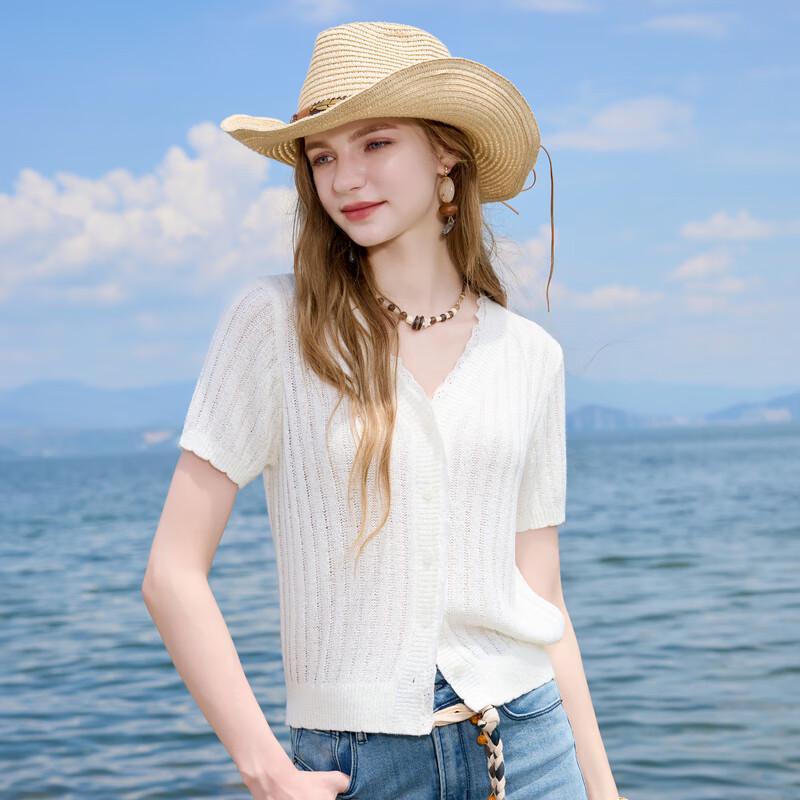 Sancai 2025 Autumn Simple V-Neck Lace Trim Short Sleeve Knit Cardigan