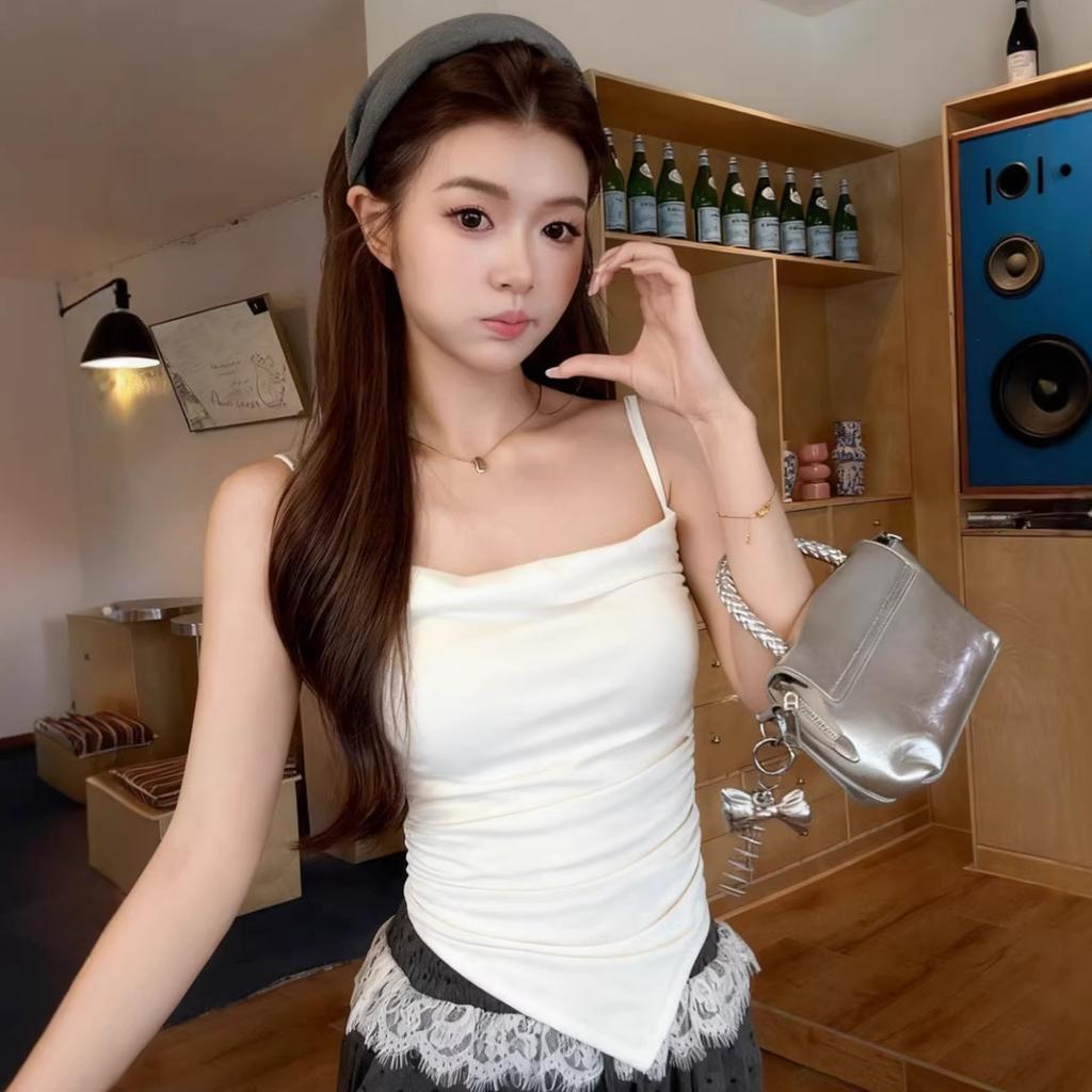 #Summer New Pure Desire Wind Pleated Design Sling Vest Slim and Thin Women's Fixed Chest Pad Top