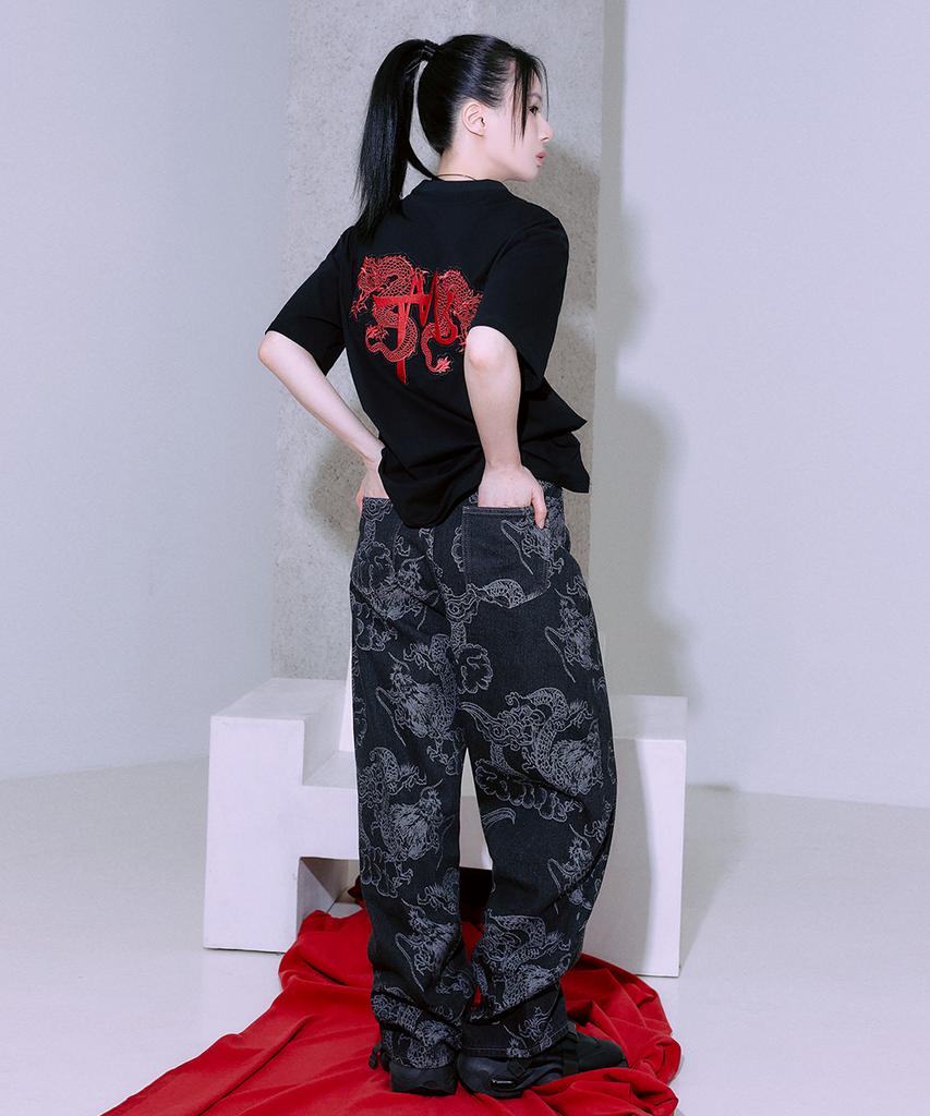 Tiemsseuli Ghost Red Dragon Embroidered Dragon Pattern Oversized T-Shirt (Back Embroidery/Unisex)