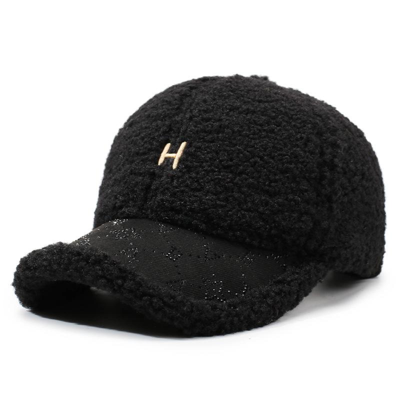 Autumn Winter Lamb Wool Baseball Cap Plush Warm Cap Large Head Circumference Embroidered Letter Cap