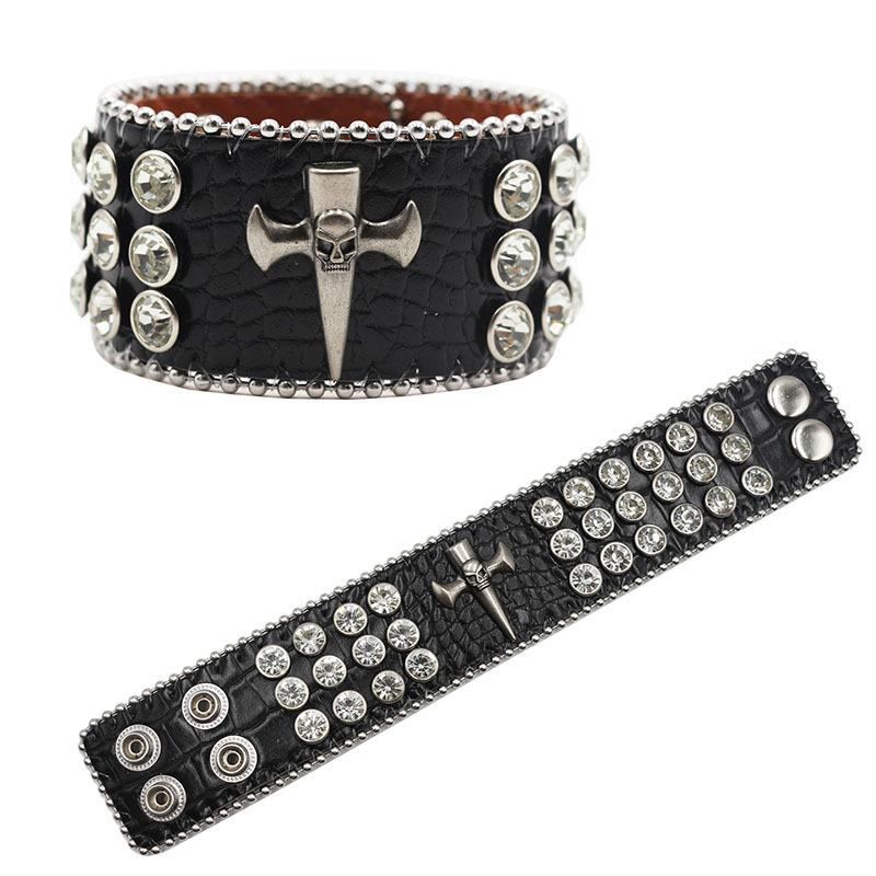 

Браслет в готическом стиле с черепом и стразами, модный дизайн, бриллиантовая ПУ кожа, украшение для руки