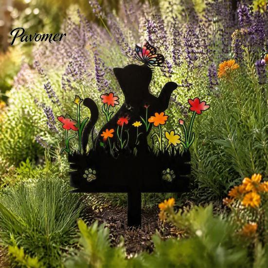 Acrylic Cat Silhouette Decor Kitten Garden Stake, Decorative Yard Sculpture with Flowers And Outdoor Lawn Ornament Butterflies, Waterproof Art
