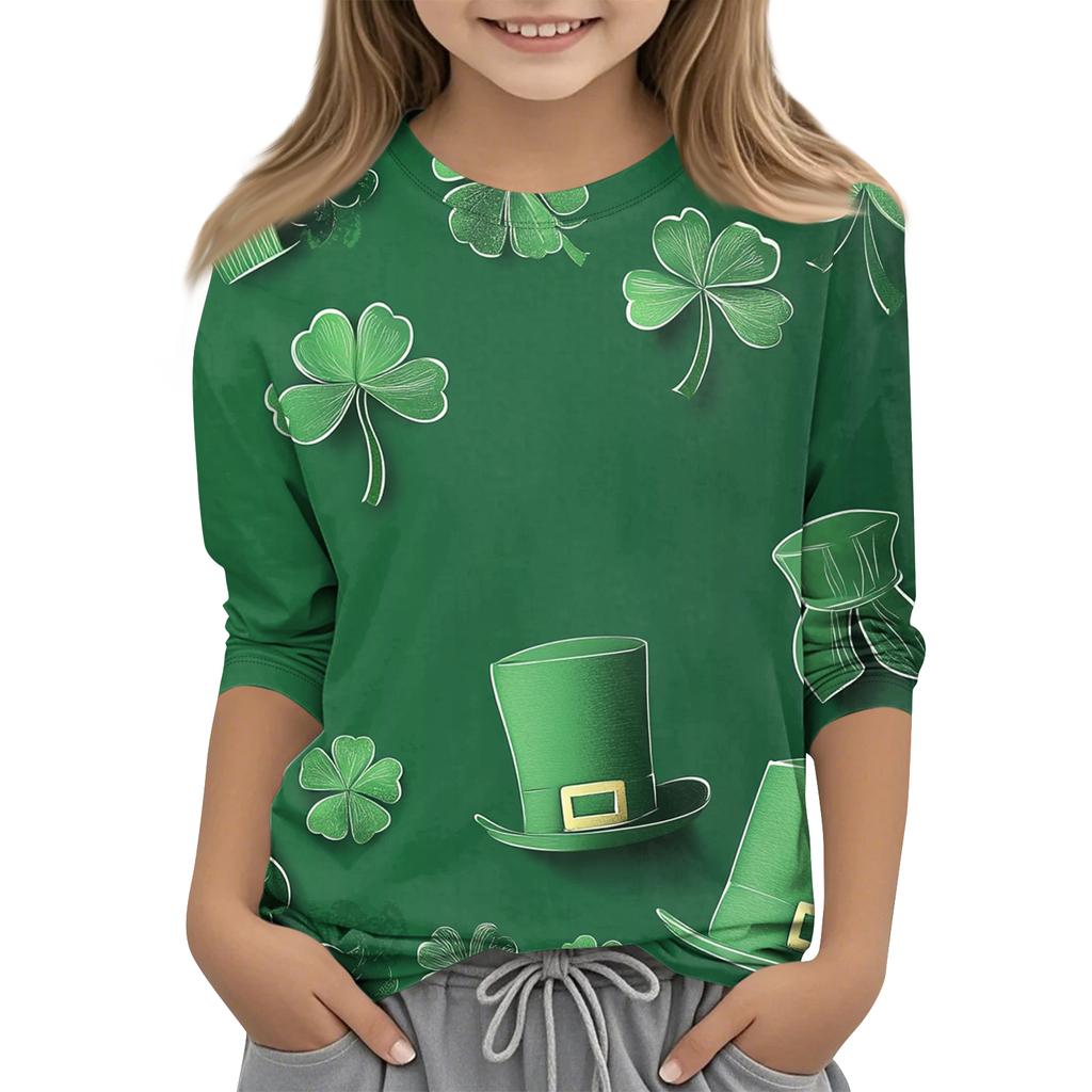St. Patrick's Day Print Tops For Youth Girls 4-11 Years Round Neck 3/4 Sleeves T-Shirts Trendy Tops Outfit Tees