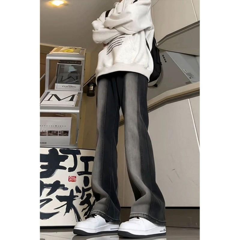 Mens Gradient Flare Jeans American High Street Design Spliced Straight Leg Denim Pants