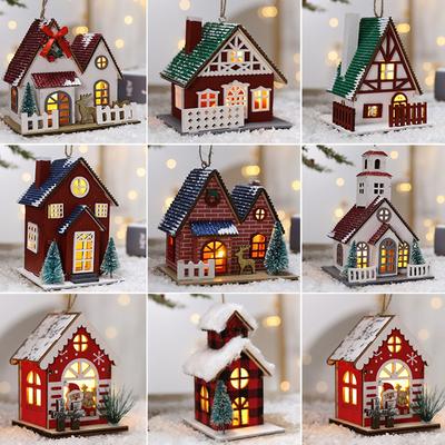 Maison de Noël en Bois à LED Mini Maisons de Neige de Noël en Bois Figurines de Bâtiments de Village d'Hiver Ornements de Table Décoration de Fête de Vacances
