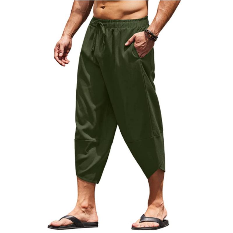 Men's Capri Summer Cotton and Linen Pants Pants Solid Color Scarf Elastic Waist Clamping Cord 3/4 Length Shorts Baggy Casual Pan