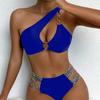 Sexy One Shoulder Swimwear Women Black Hollow Out Metal Ring Knitted Patchwork Two Piece Bikini Set Holiday Bathing Suits