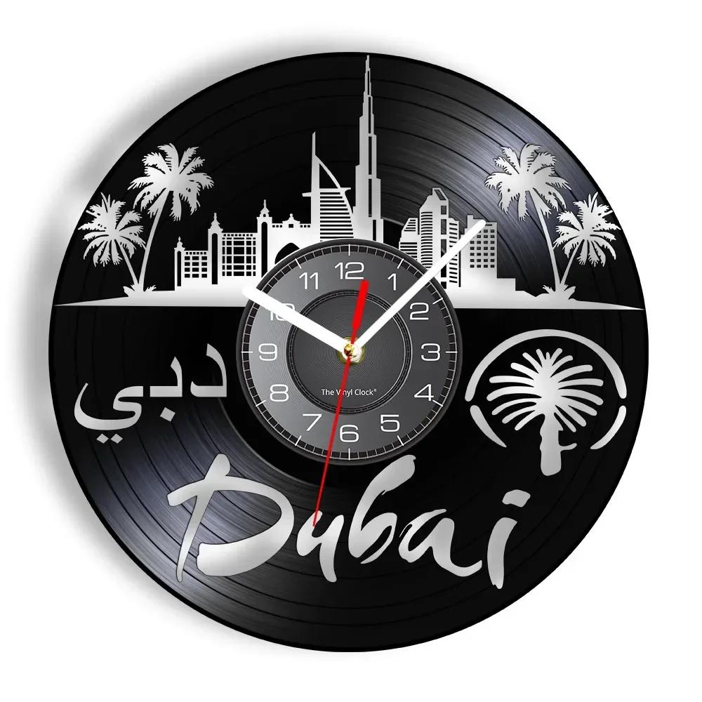 Dubai Landmark Contemporary Wall Clock Isle of Palms Burj Al Arab Hotel Landscape Vinyl LP Record Wall Watch Black Hanging Decor