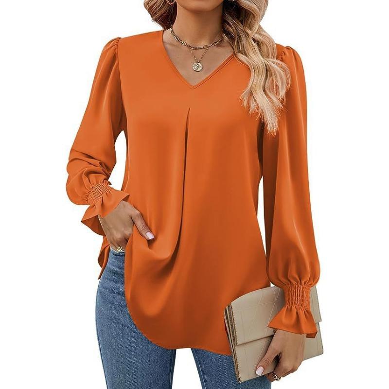 Damen Einfarbig Chiffon Pullover V-Ausschnitt Pullover Ausgestellt Langarm Bluse Bluse