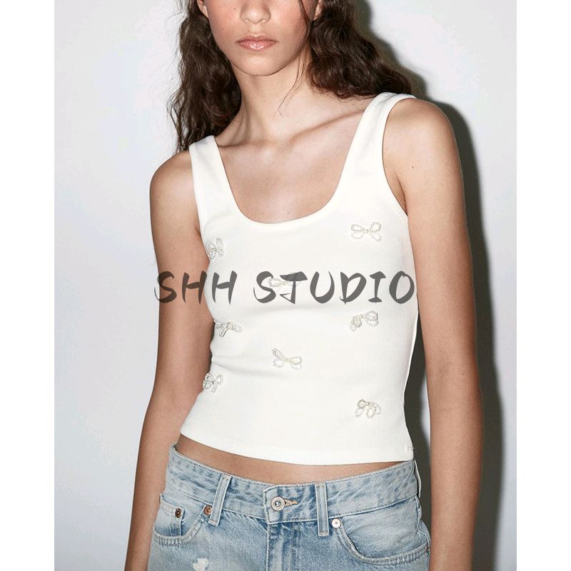 Summer New Product Women's Clothes Rib Trim Artificial Pearls and Rhinestones Bowknot Decoration T-shirt Tops 6050355