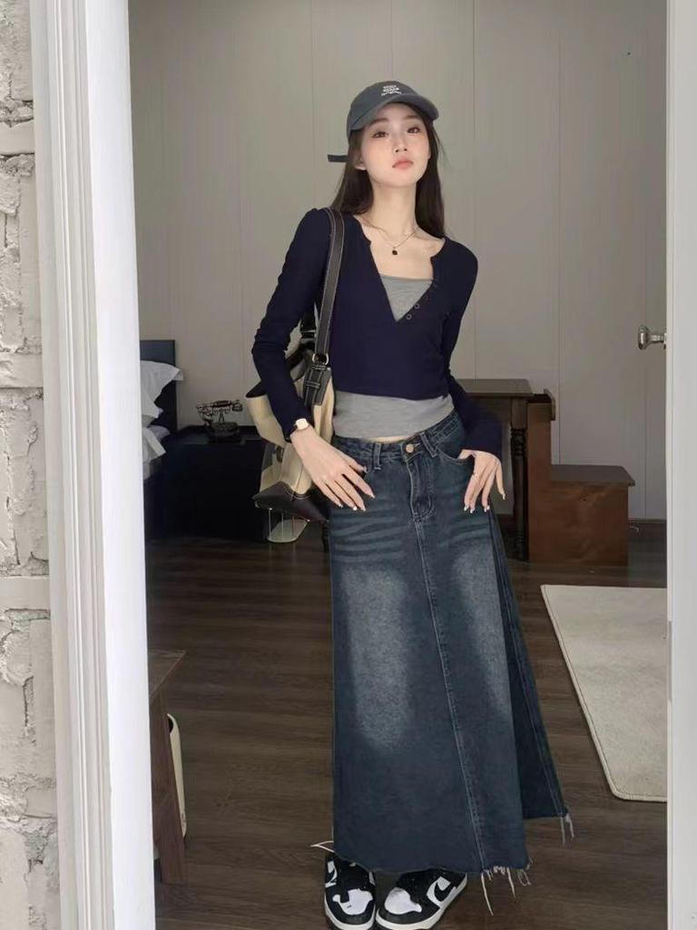 Korean Style Slim Fit Long Sleeve T-shirt - Women's Versatile Two-Piece Look, 260g, Autumn Winter Temperament