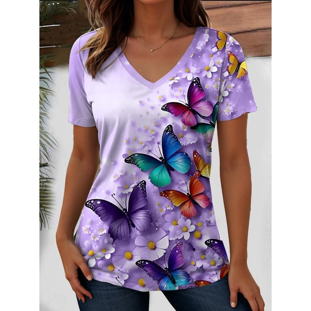 Women's Trendy T-Shirts Flower Graphics Fashion Short Sleeved V-Neck Regular Tops Daily Prints Summer Y2K Casual Tops
