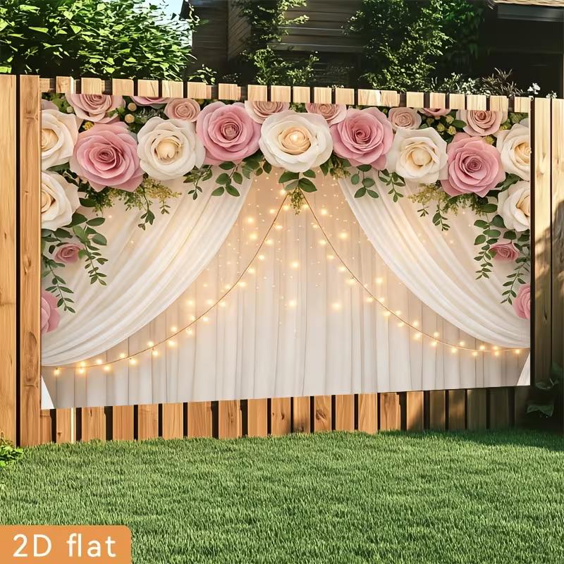 Pink Rose Curtain Wedding Tapestry, Floral Fairy Light Background Cloth, Romantic Party Backdrop