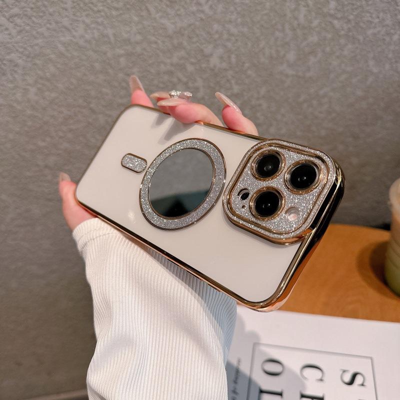 New Apple 16 mobile phone case iPhone15promax electroplated flash diamond lens 14 mirror glitter magnetic suction soft cover