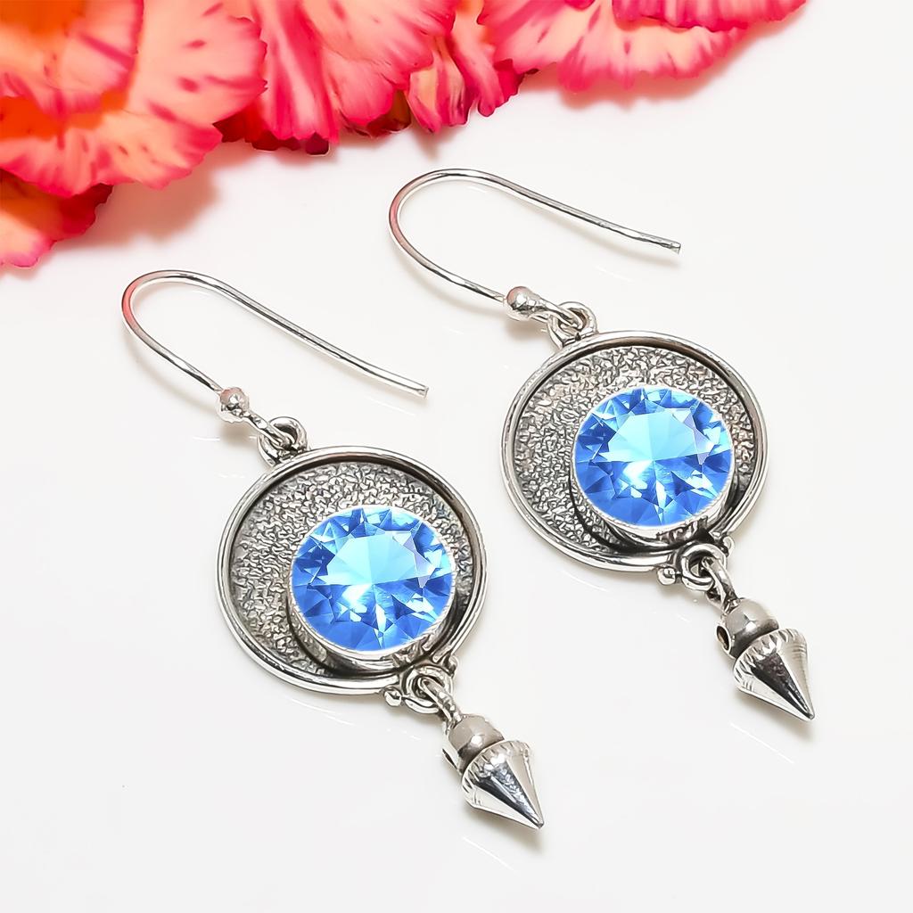 London Blue Topaz 925 Sterling Silver Earring V6825, Blue Earring, Round Earring, Valentin's Day Gift, Gift For Her, Birthday Gift, Handmade Jewelry,