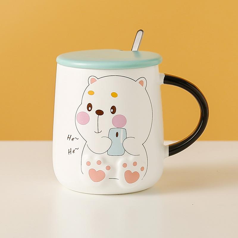 

Cute Relief Cartoon Bear Ceramic Mug with Lid Spoon Large Capacity Breakfast Milk Coffee Cup for Office and Home Use 470ml