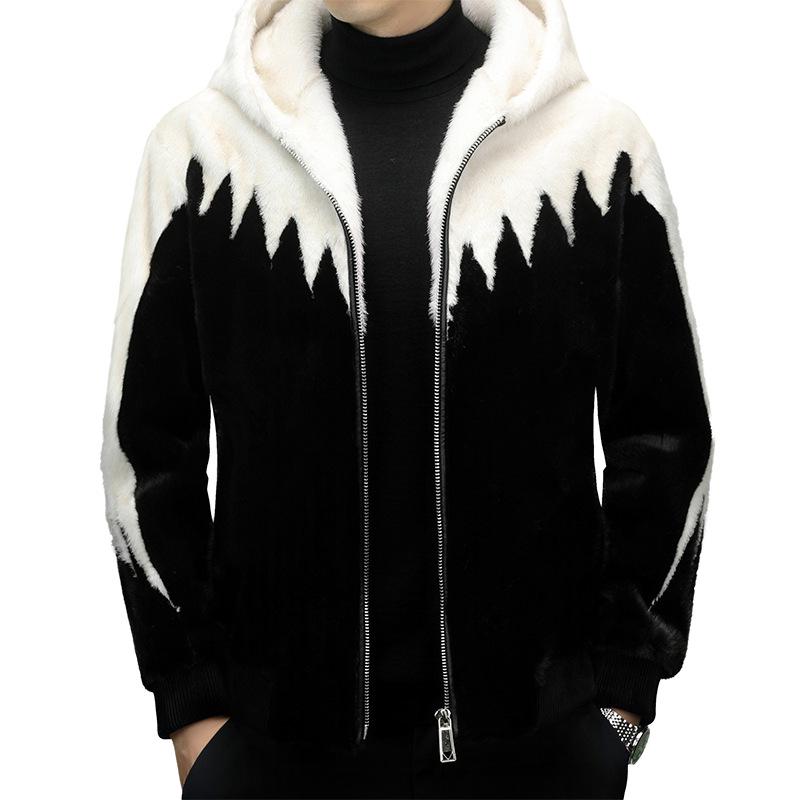 Men's Winter Golden Sable Faux Fur Hooded Leather-Wool Coat