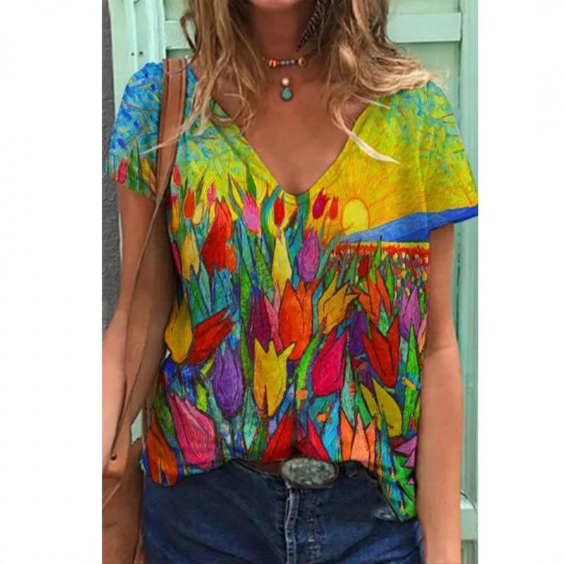 V-neck T Shirts Street 3D Printed Tees Short Sleeved Floral Bird Loose T-shirt for Women