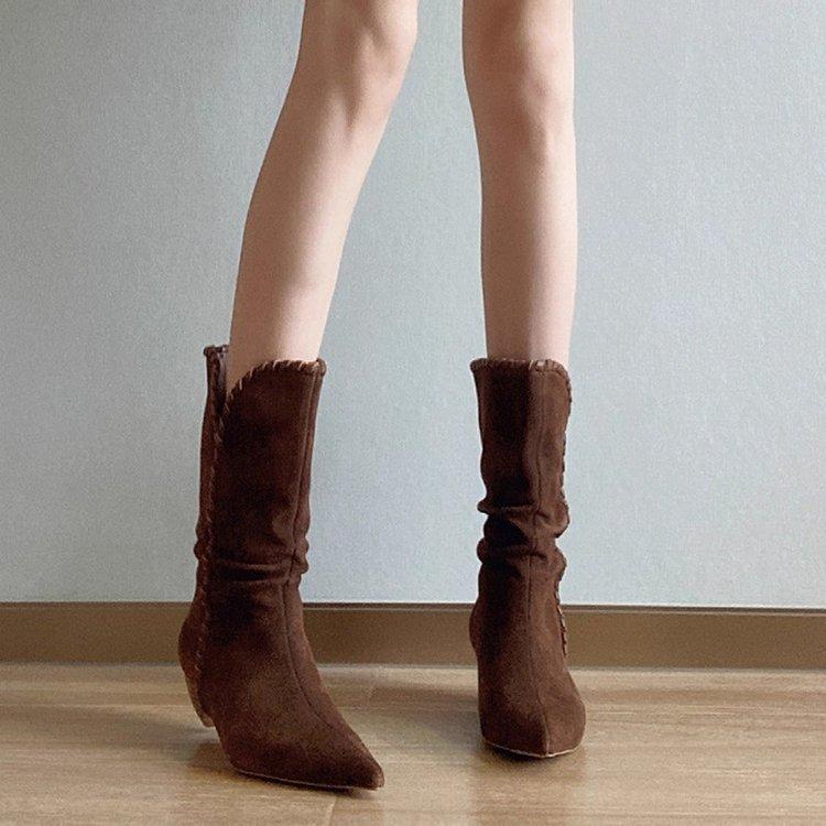 Französisches Nischendesign Stiefel mit Blockabsatz Kaschmiroberfläche 2025 Winter spitze Zehen mittelhoher Absatz Leder-Mid-Boots Kinder