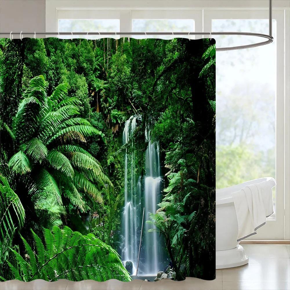 Tropical Forest Shower Curtain Green Plants Nature Landscape Hanging Curtain Polyester Fabric Bathroom Decoration Set With Hooks