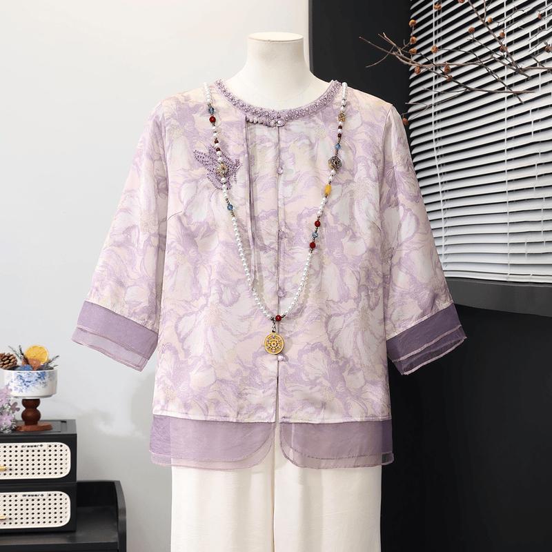 Yu Zhaolin New Chinese Style Floral Disc Button Summer Shirt 4XL