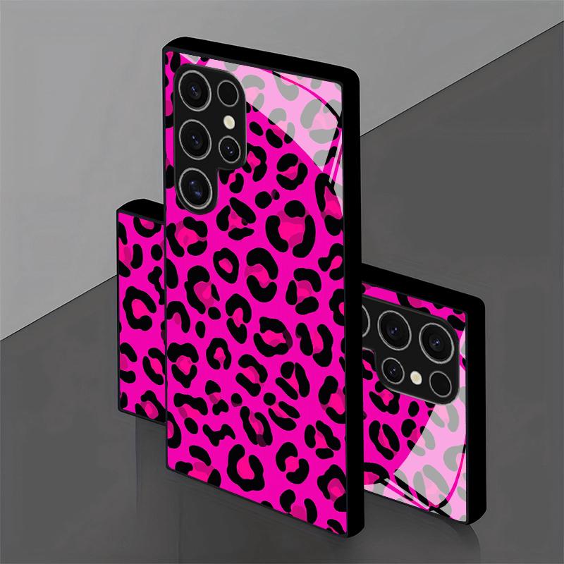Pink black leopard print glass phone case suitable for Samsung Galaxy S26 S25 S24 S23 S22 S21 S20 FE/Ultra/Plus anti drop