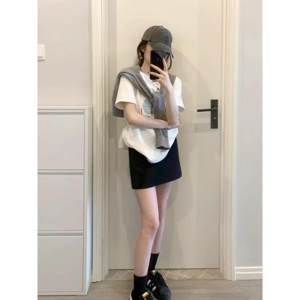Large Size Women's Summer Front Shoulder Cartoon Printing Loose Crew Neck Inner Short Sleeve T-Shirt% Pure Cotton Bottom Top
