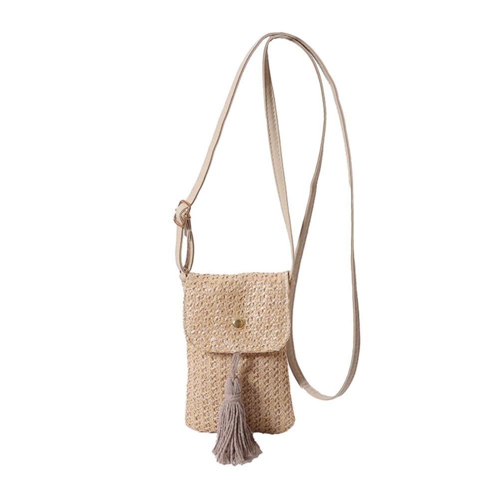 Handmade Straw Woven Handbag Long Tassel Woven Beach Bag Casual Crossbody Bucket Bag  Outdoor