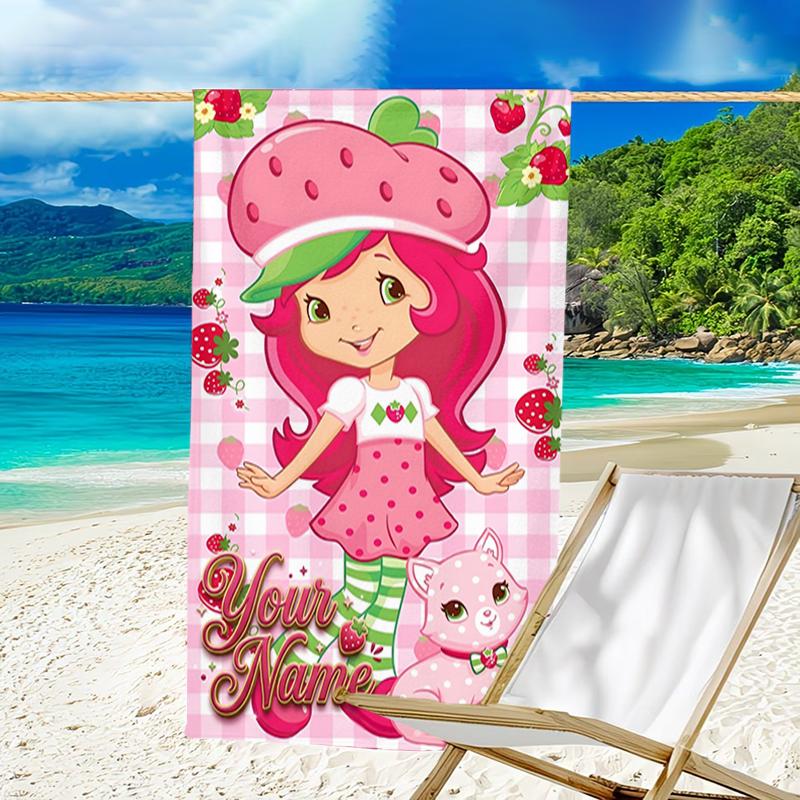 1pc Princess Strawberry Beach Towel with Custom Name, Beach and Seaside Swimming Pool Equipment, Fashion Pattern, Rectangular, Travel Essential