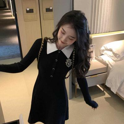 Školní studentka Pletené černé šaty Dámské Preppy Styl Korejská móda Kpop Dlouhý rukáv Mini Krátké šaty Podzim
