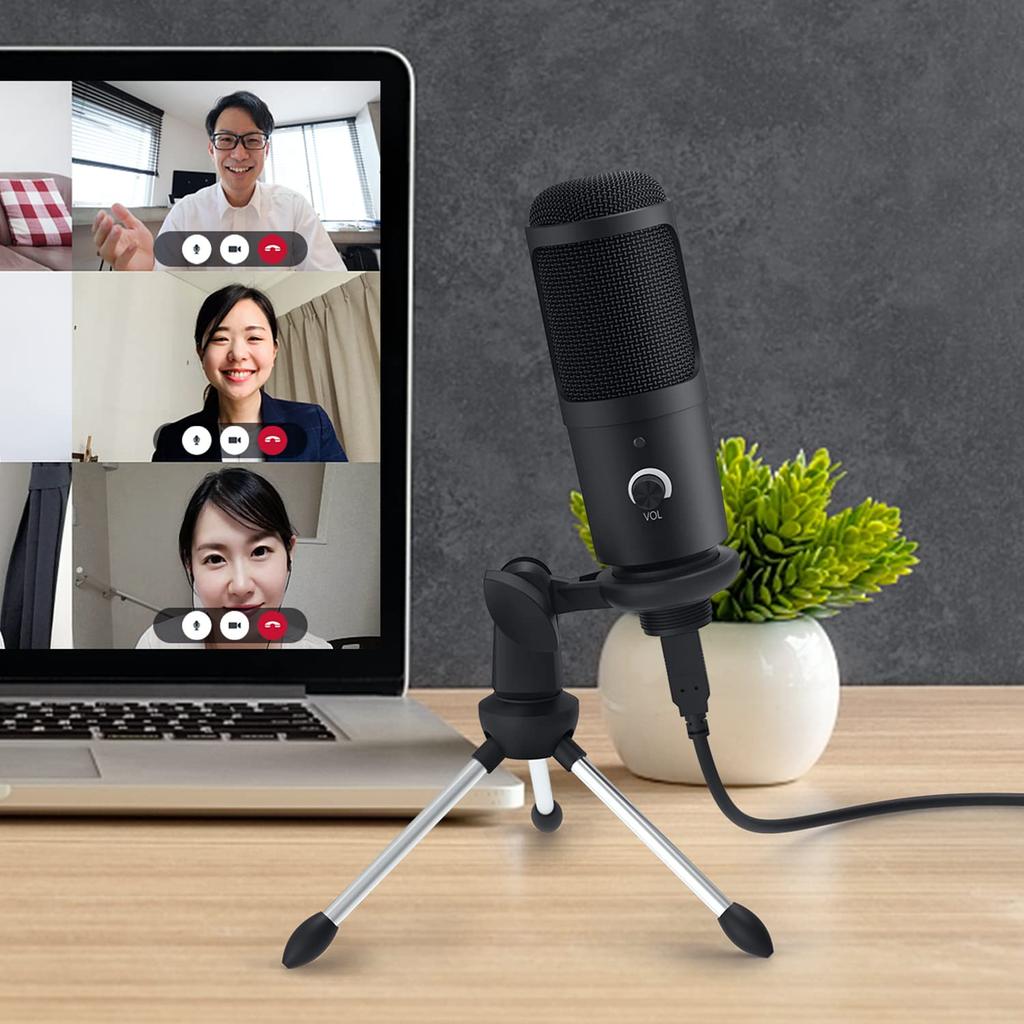Faunow Condenser Microphone, USB Microphone for PC, Unidirectional, Desktop, Noise Reduction, Volume Control, Mute Button, LED Indicator Light, with