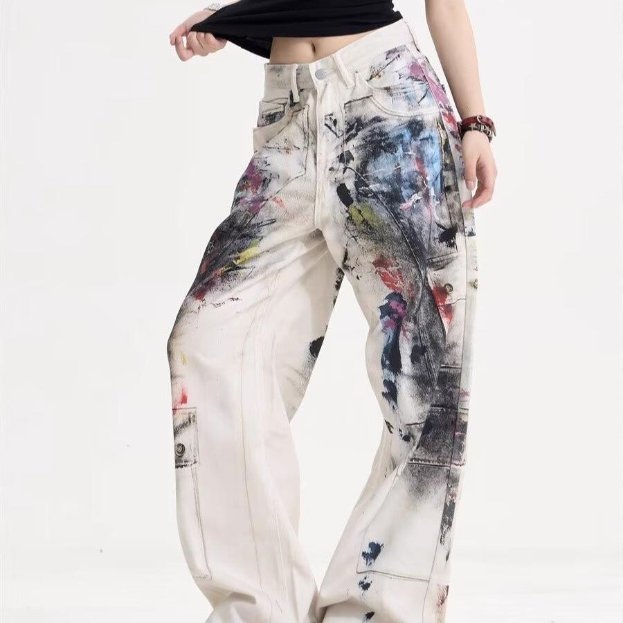 

2025 Мужские джинсы с принтом в виде чернил, мужские винтажные джинсовые брюки в стиле хай-стрит, мужские повседневные свободные прямые брюки с широкими штанинами, женские джинсы L светло-серый