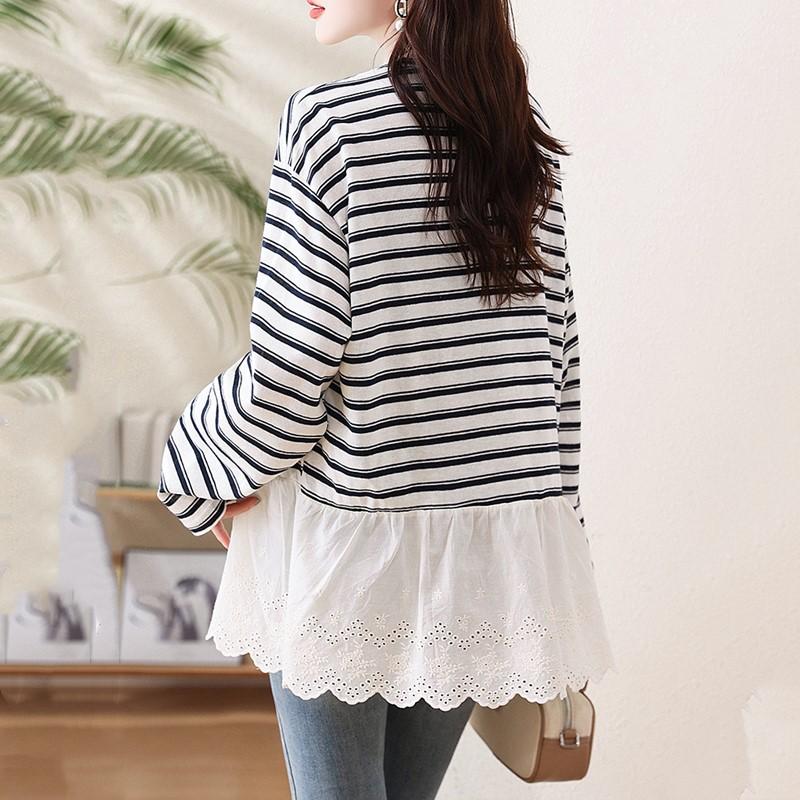 long sleeve oversized Knitted lace vintage stripe Casual loose spring autumn winter t shirt tops Women t-shirt