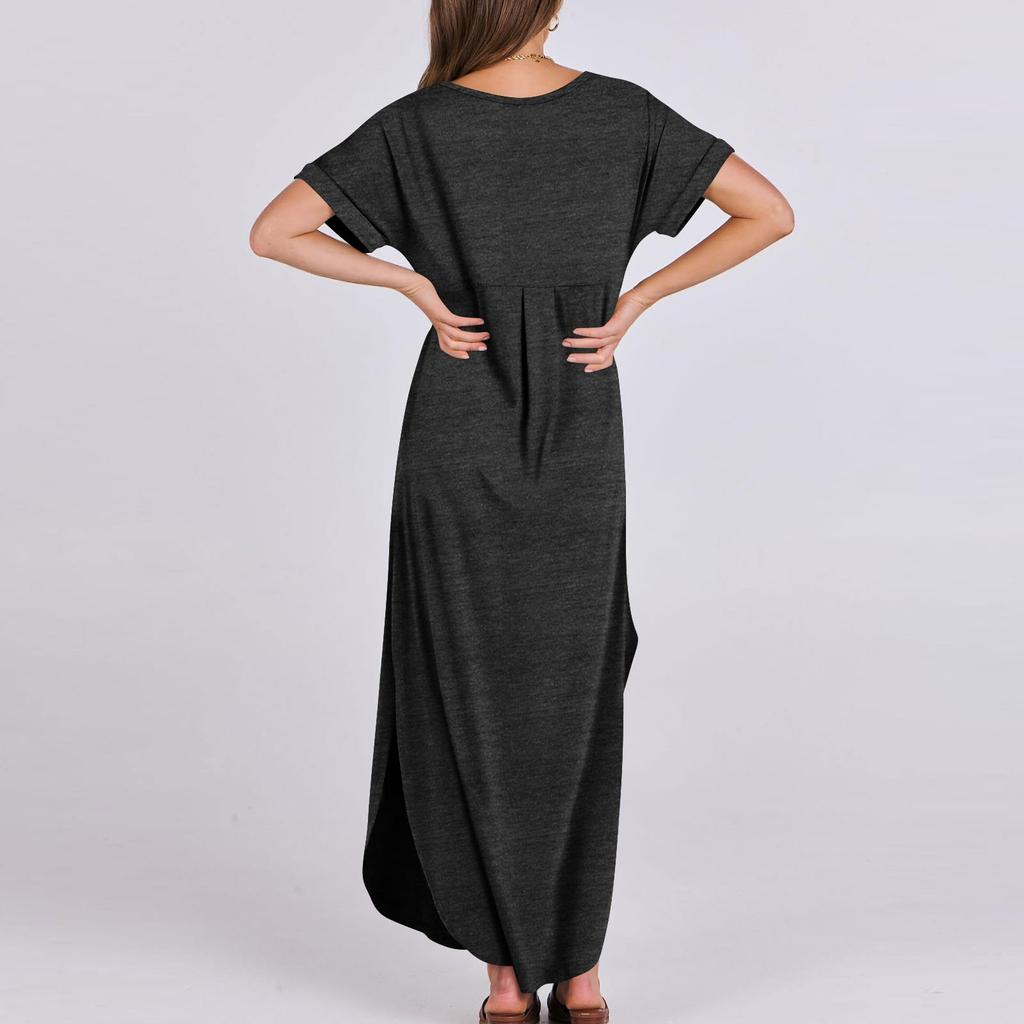 Damen Sommerkleid V-Ausschnitt Kurzarm Strandkleid Maxikleid Lang Kleider Casual Loose Fit Elegant Sommerkleid