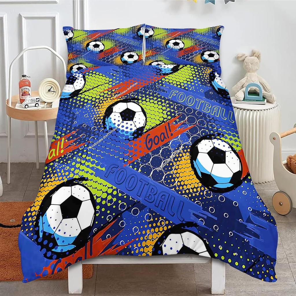 Boys Football Print Duvet Cover Set, Sport Soccer Player Bedding Set,Cartoon Watercolor Bedding Set for Adult Kids Birthday Gift