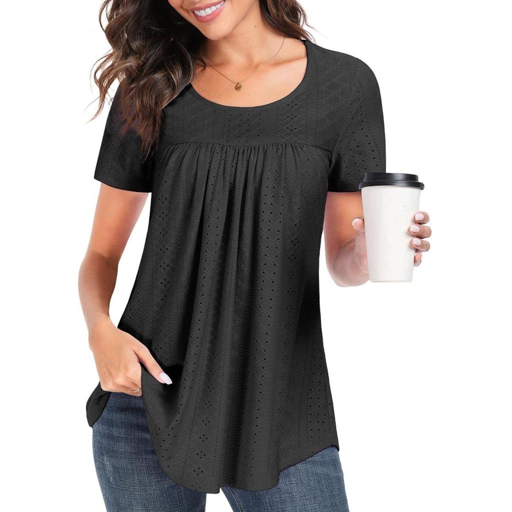 Women Casual Hollow Out Short Sleeve T Shirt Round Neck Loose Fit Lightweight Breathable Summer Top