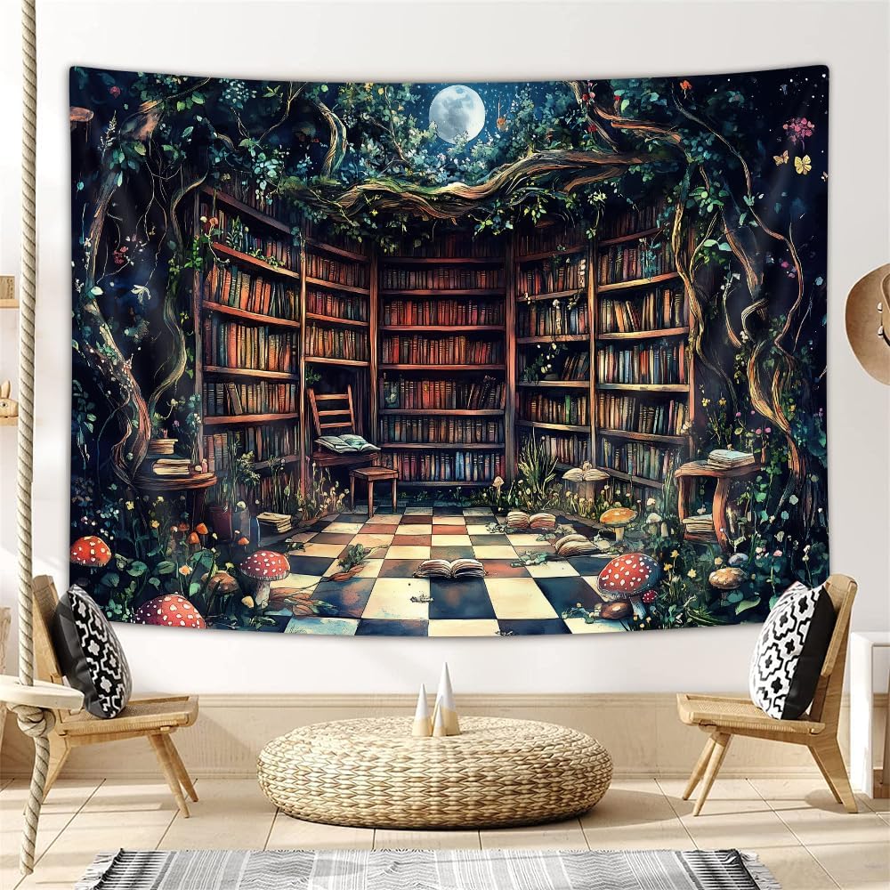 Magischer Wald Wandteppich Märchenbaum Magisches Bücherregal Ästhetische Wandteppiche für Klassenzimmer Hexenhafter Feenbaum Geheimnisvoll Vintage