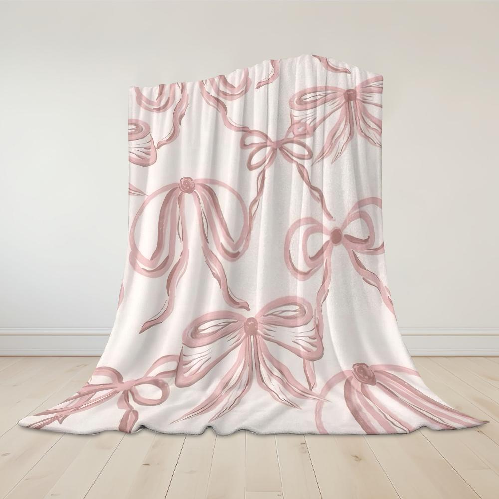 Dusty Pink Bow Flannel Blanket Warm Soft Halloween Christmas Couch Warm Cozy Decorative Decor Gift for All Season