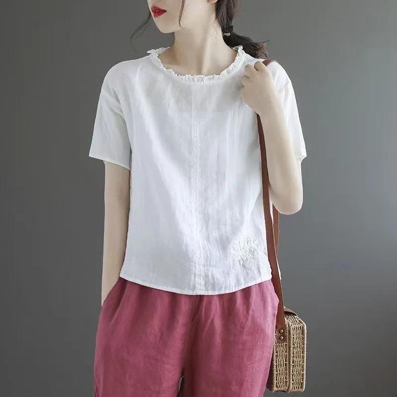 Sommer Neue Mode Einfarbige Lässige Lockere und Schlankmachende Vielseitige Leinen Kurzarm T-Shirt Sommer Oberteil