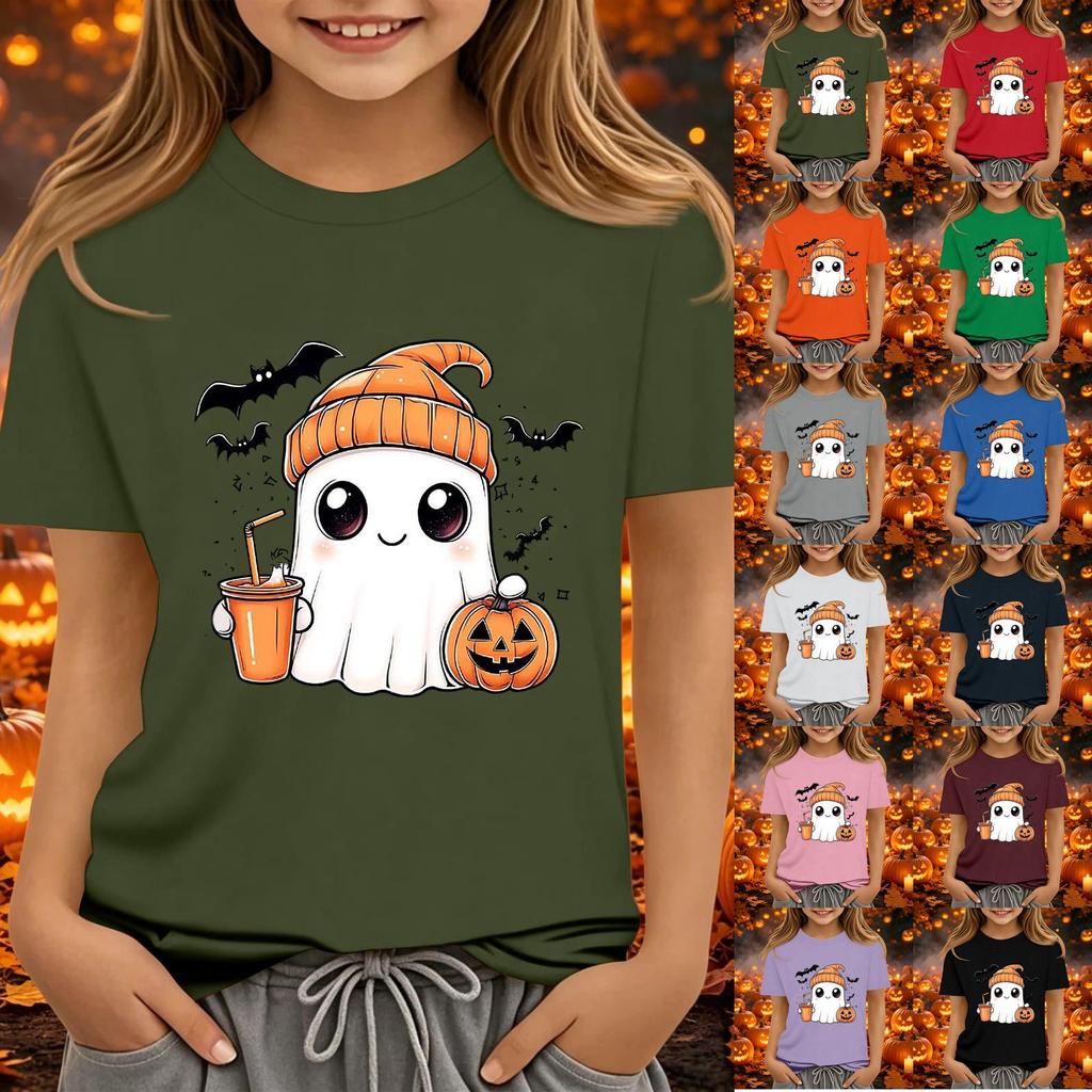 Kids' Halloween Printed Short Sleeve Neck T-Shirt, Loose Fit Top