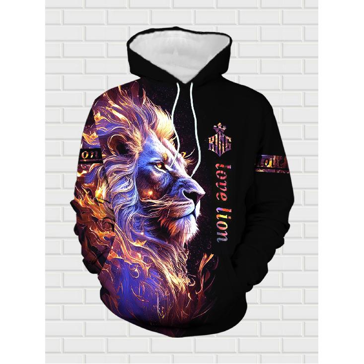 Men'S Casual Outfit Featuring a 3D Printed Lion Flame Galaxy Hoodie And Sweatpants, Perfect for Street Style in Winter And Fall