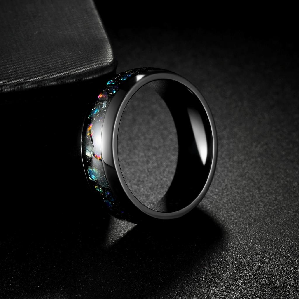 Fashion 8mm Men Stainless Steel Koa Wood Rings Inlay Galaxy Colorful Opal Rings For Men Wedding Engagement Band Jewelry Gift