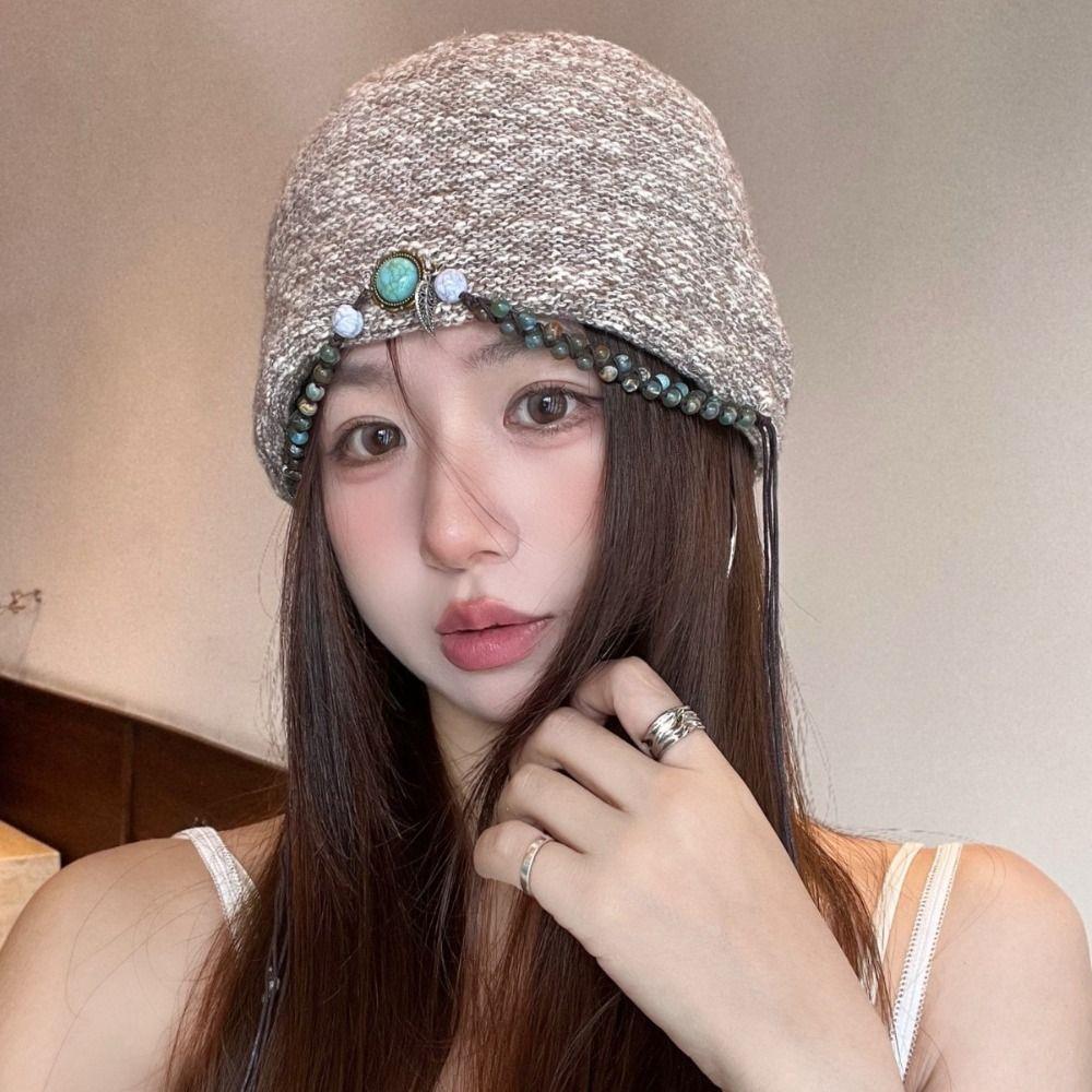 Ethnic Style Bohemian Beanies Hat Coldproof Jacquard Woolen Hat Fashion Beaded Fringed Cap  Female