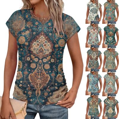 Women Summer Tops Trendy Crew Neck Short Sleeve T-shirts Shirts Fashion Women's Vintage Printed T-Shirt Outdoor Clothes Pullover